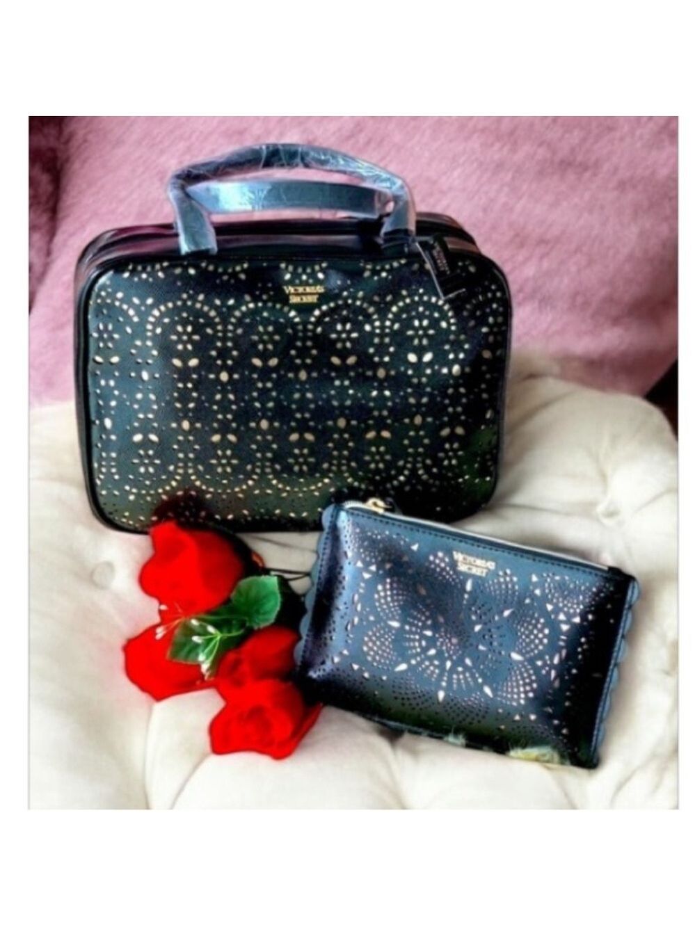 Victoria's Secret Black Laser Cut Hanging Travel Bag Makeup Case And Wristlet